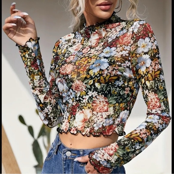 Boutique Tops - Floral Mesh Long Sleeve Sheer Tops Multiple Sizes